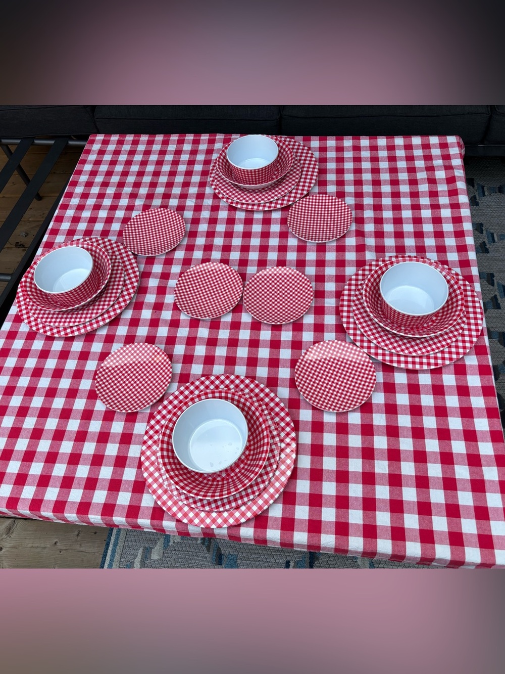 Red and White Gingham Melamine Picnic Set with Matching Tablecloth